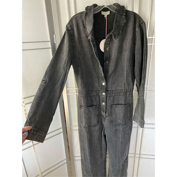Umgee Mid Button Down Stone Wash Wide Leg Distressed Jumpsuit & Side Pockets wit - Picture 5 of 11